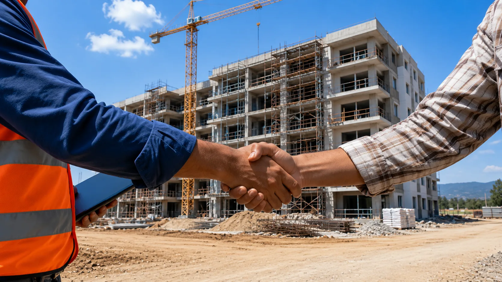 Apretón de manos entre un supervisor de Grupo NR y un cliente en una obra de construcción