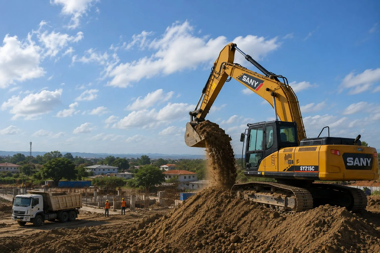 Excavadora cargando tierra en un sitio de construcción