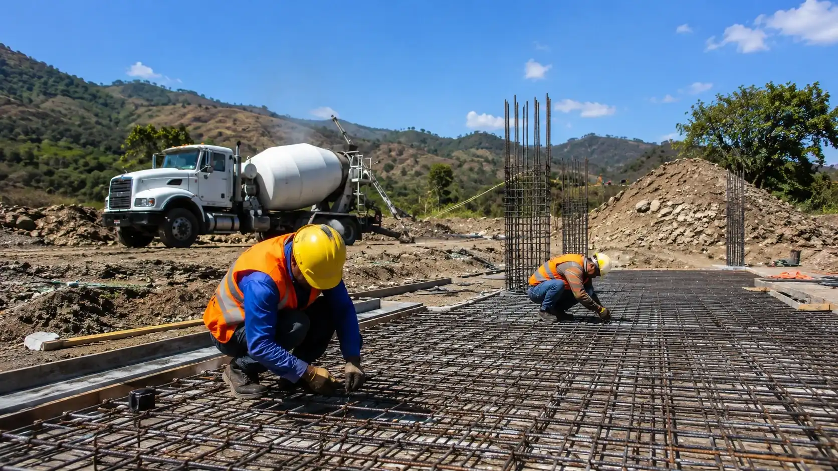 Cuadrilla de Grupo NR armando la estructura de acero de una losa, con camión mezclador de concreto al fondo
