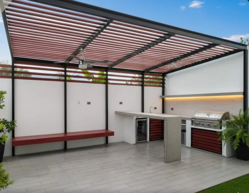 Espacio social con área de parrilla y cocina exterior